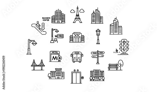 Urban line icons in circular layout with city transport buildings and landmarks modern vector set