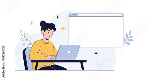 Focused young woman working on her laptop with a large blank floating web browser window for custom content placement.