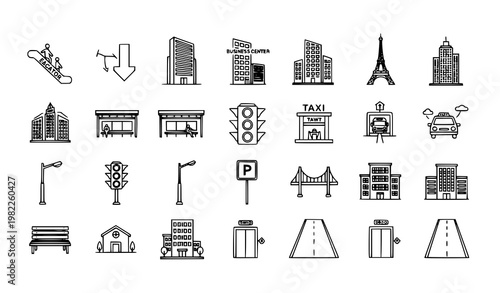 Minimal urban outline icon set with city buildings transport and landmarks in abstract modern layout vector collection