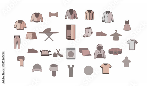Modern clothing filled and outline icon set with fashion apparel wardrobe laundry and textile symbols vector collection