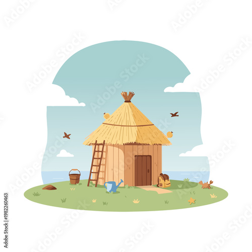 Charming traditional rural hut with thatched roof, surrounded by a peaceful green landscape, featuring chickens and a rustic garden scene under a clear sky, embodying simple country living