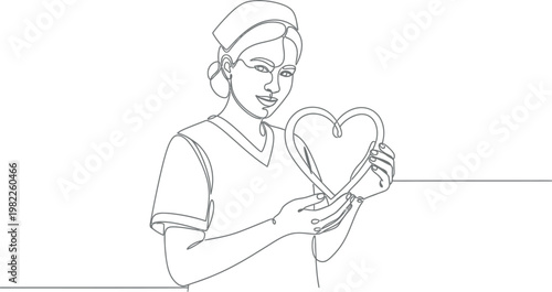 Professional female nurse wearing a medical uniform holds a heart symbol with her hands representing care and compassion in a simple continuous line art style
