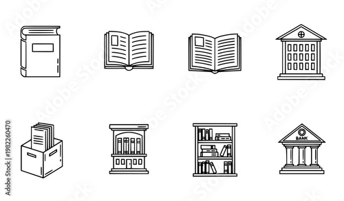 Minimal library outline icon set with books archive bookshelf and education symbols in abstract modern layout vector