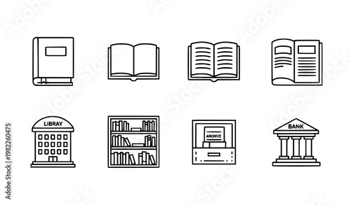 Library outline icons set with books magazine bookshelf archive and building symbols in minimal linear style vector