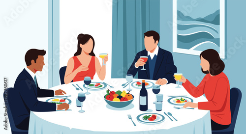 Group of elegant people enjoying a formal dinner party with wine and healthy food at a large round table in a fancy dining room.