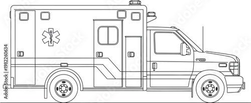 Side view line art illustration of an emergency medical service ambulance vehicle with a Star of Life symbol, perfect for coloring books or educational materials.