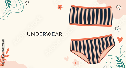 Stylish female underwear set featuring striped patterns and floral decorations on a soft pastel background illustration.