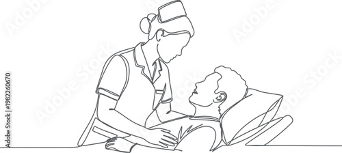Dedicated professional nurse provides compassionate care to a sick male patient resting comfortably in a hospital bed during his recovery in this single line drawing