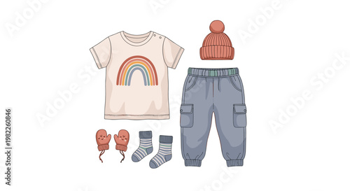 Complete kids clothing set including a rainbow t-shirt, cargo pants, warm beanie, socks, and mittens on a white background.