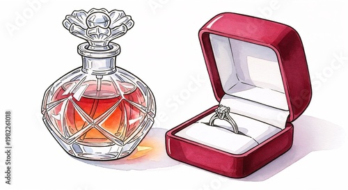 Vintage perfume bottle with floral stopper and velvet ring box in soft watercolor