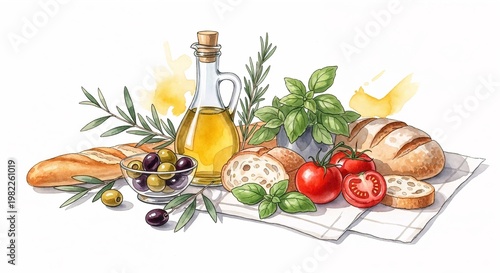 Mediterranean lunch table with olives, bread, and olive oil in delicate watercolor illustration