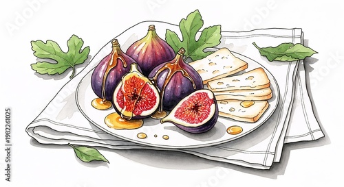Mediterranean snack scene with figs, cheese, and honey in soft mixed-media watercolor