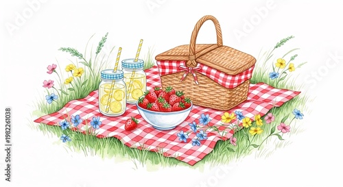 Sunny summer picnic with strawberries and lemonade in delicate watercolor illustration