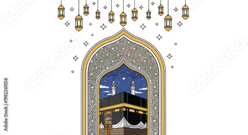 Spiritual Islamic art illustration of the Kaaba in Mecca framed by a golden arch with hanging lanterns and stars.