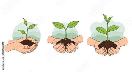 Sequential illustrations showing hands holding a young green plant in soil to represent nature growth and environment.