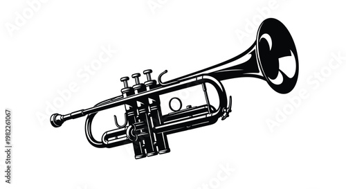 Black and white illustration of a trumpet with a bell and valves