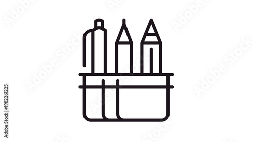 Black line art vector icon of a desk organizer or pencil holder containing a pen and two pencils, symbolizing office supplies, stationery, education, school, and workspace organization.