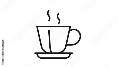 Black line art vector icon illustration of a steaming hot cup of coffee or tea on a saucer, minimalist coffee mug symbol for cafe menu, breakfast, or break time concept isolated on white.