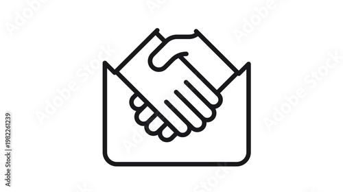Handshake inside an open envelope vector icon. Minimalist black line art illustration representing business partnership, agreement, successful deal, email confirmation, and contract signing.