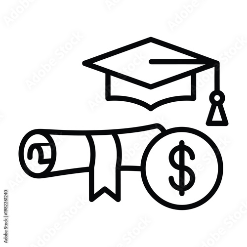 Graduation cap diploma dollar sign icon illustrating education cost or financial aid with education system, financial