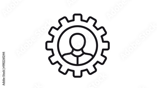 Minimalist black line vector icon illustration of a person silhouette inside a gear cogwheel, representing human resources, management, professional settings, and engineering expertise.