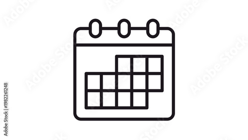 Minimalist black line vector icon of a wall or desk calendar with ring binding and a grid of days, representing scheduling, planning, time management, and event organization, isolated on white.