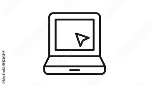 Laptop computer icon with cursor arrow on screen, minimalist black line art vector illustration for technology, business, and web design concepts, scalable symbol isolated on white background.