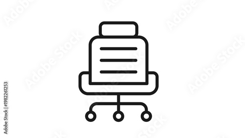 Black line vector icon illustration of a modern office chair with wheels and armrests, perfect for business, workplace, and interior design concepts, isolated on a white background.