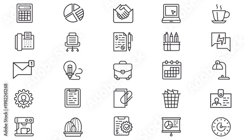25 Minimalist Black Vector Icon Set Bundle for Business and Office Productivity. Collection of line art symbols including calculator, laptop, handshake, contract, coffee, calendar, and briefcase.