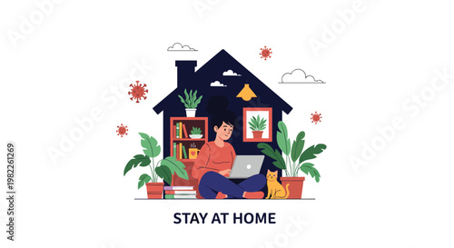Stay at home concept showing a woman working on her laptop inside a house-shaped silhouette with house plants and a cat.