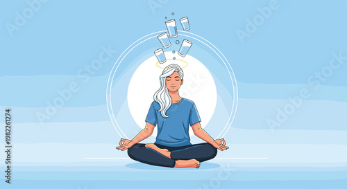 Young woman sitting in a peaceful meditation pose with floating glasses of water above her head for hydration health.