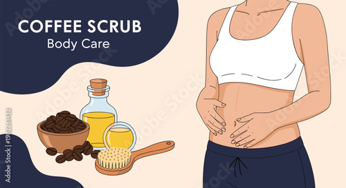 Healthy woman applying natural coffee scrub to her stomach for skin care with ingredients like beans and oil on the side.