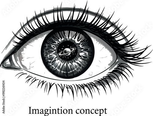 Detailed pencil drawing of a human eye with a ringed planet illustration located directly inside the iris representing a creative vision and deep human imagination
