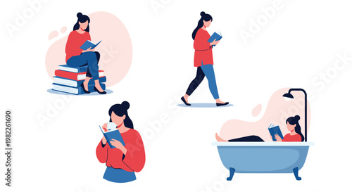 Diverse collection of female characters enjoying reading books in different settings like a bath, walking, and sitting.