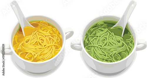 Bowls of pasta with sauce, yellow and green spaghetti dishes, Italian cuisine food concept, detailed vector illustration