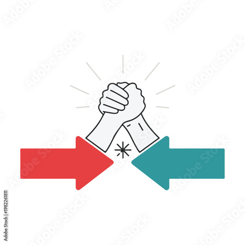 Symbolic illustration of two hands clasped in a gesture of challenge or agreement, with opposing red and teal arrows indicating conflict, competition, or negotiation in a conceptual business context