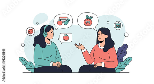 Two women discussing healthy eating habits and organic nutrition with various fruit and vegetable icons in floating speech bubbles.