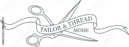 Elegant vintage scissors combined with a decorative flowing ribbon featuring custom brand typography perfect for a professional tailoring shop or a creative fashion clothing design studio