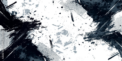 Abstract grunge texture background with black ink splatter paint drops and halftone dot pattern design