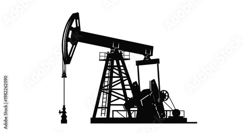 A stark silhouette of an oil pump commonly known as a nodding donkey against a white backdrop