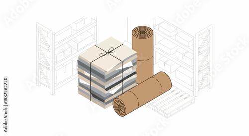 Isometric Illustration of Warehouse Storage with Paper Rolls and Stacked Packaging Materials