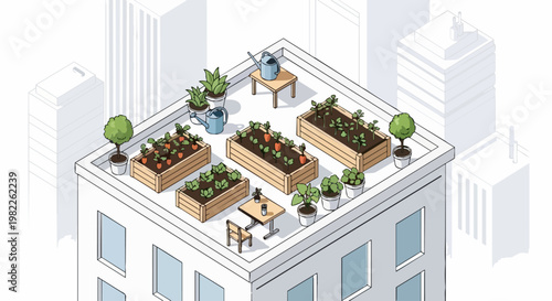 Isometric Urban Rooftop Garden Illustration with Raised Vegetable Beds and Potted Plants for Sustainable City Living