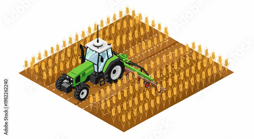 Isometric 3D Vector Illustration of a Smart Green Tractor Working in a Golden Wheat Field for Modern Agriculture Concepts