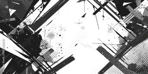 Abstract grunge background with black and white texture featuring a vintage industrial building sketch and urban architectural silhouette in a vector art blueprint style