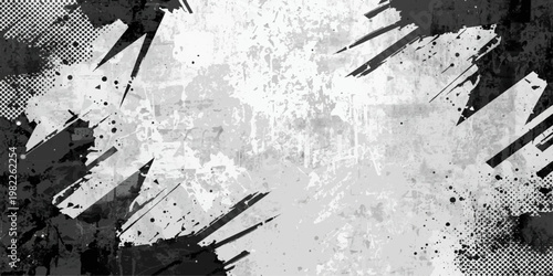 Vintage black and white abstract grunge background featuring a dirty paint texture and a snow pattern vector design for an old paper wallpaper illustration with a decorative art frame border