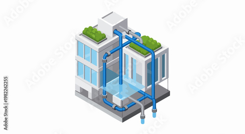 Isometric Sustainable Building with Water Management System and Green Rooftop Gardens