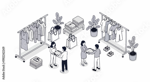 Isometric Fashion Boutique Interior with Customers and Staff, Modern Clothing Retail Store Illustration with Apparel Racks and Shopping Bags in Flat Line Art Style