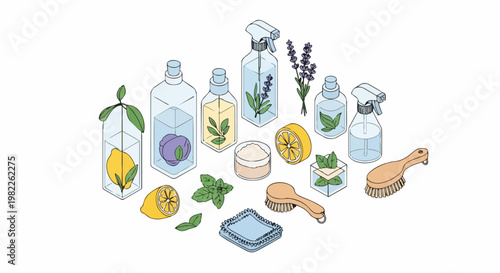 Isometric Set of Natural Eco-Friendly Cleaning and Beauty Products with Essential Oils, Lemon, Lavender, and Wooden Brushes on White Background