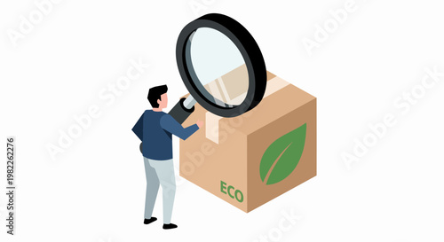 Sustainable Eco-Friendly Packaging Inspection with Magnifying Glass - Isometric Illustration of Green Logistics, Recycling and Environmentally Conscious Product Quality Audit