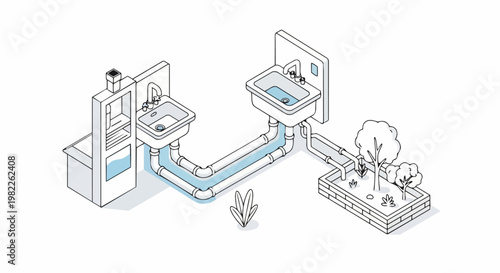 Isometric Illustration of a Greywater Recycling System for Sustainable Home Gardening and Water Conservation